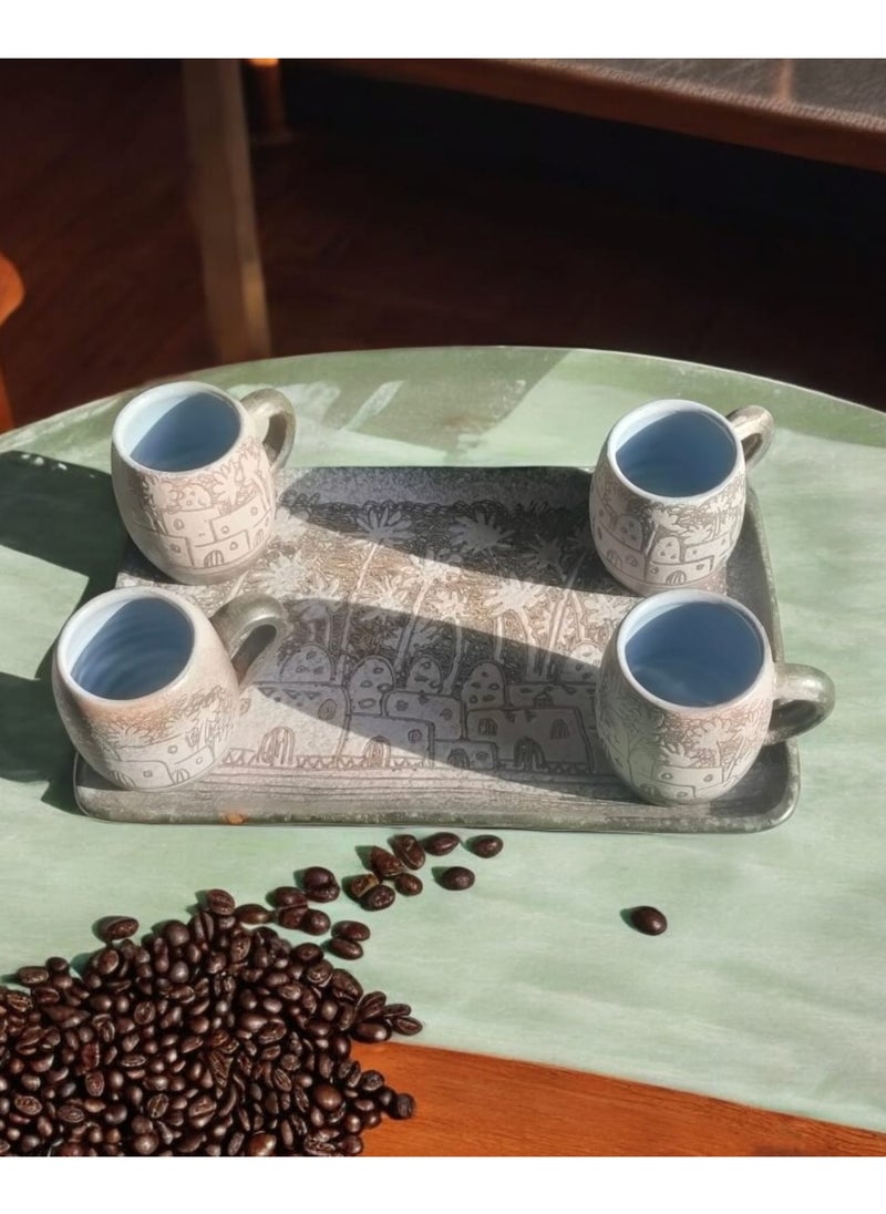 Unique Pottery Tray with 4 Mugs - Hand-Engraved and Painted | Microwave and Oven Safe | Distinctive Decorative and Serving Piece (22x35 cm)