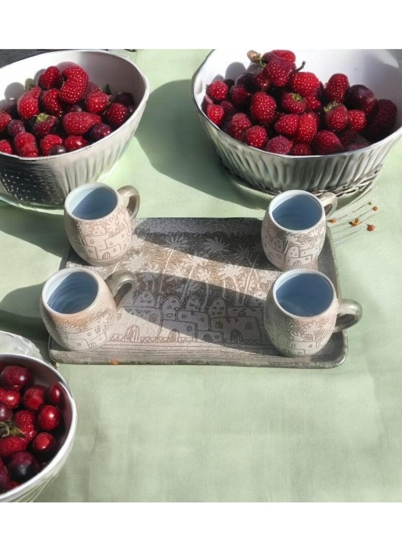 Unique Pottery Tray with 4 Mugs - Hand-Engraved and Painted | Microwave and Oven Safe | Distinctive Decorative and Serving Piece (22x35 cm)