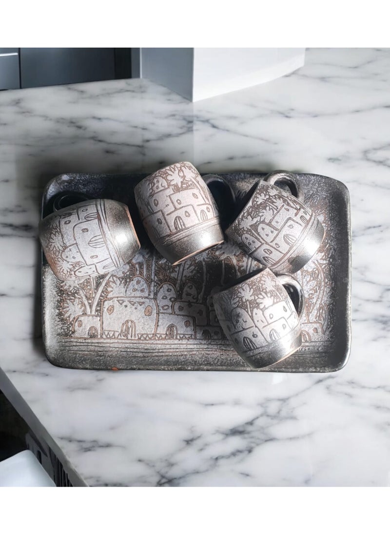 Unique Pottery Tray with 4 Mugs - Hand-Engraved and Painted | Microwave and Oven Safe | Distinctive Decorative and Serving Piece (22x35 cm)