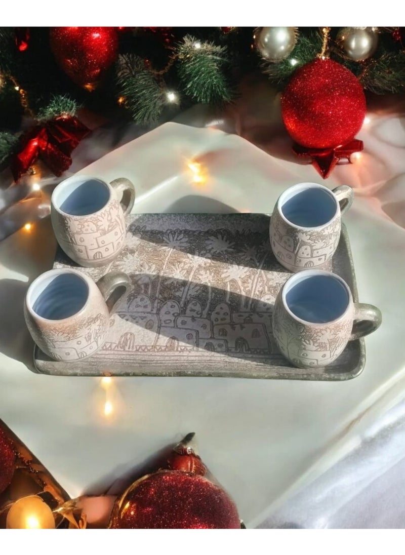 Unique Pottery Tray with 4 Mugs - Hand-Engraved and Painted | Microwave and Oven Safe | Distinctive Decorative and Serving Piece (22x35 cm)
