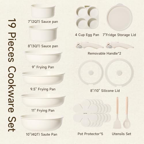JEETEE Pots and Pans Set Non Stick 19pcs Kitchen Cookware Sets with Detachable Handle Induction Nonstick Cookware Set with Removable Handle Stackable RV Cookware Oven Safe PFASPFOA Free Beige - Image 3