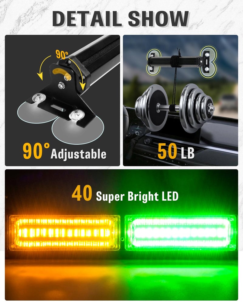 HLauto 1002L Emergency Strobe Traffic Advisor Light Bar: 40 LED Dash Safety Warning Flashing Light, Front/Rear Windshield Visor for Construction Vehicle, Tow/Plow Truck (2x10.7inch, Amber Green) - Image 5