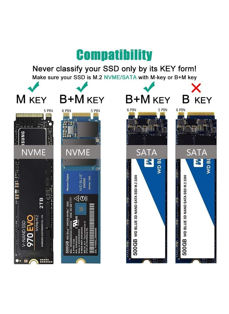 Generic - M.2 SSD Enclosure Adapter, NVME/SATA Dual Protocol Adapter Case with USB C 3.1/3.2 Gen 2 and USB A, 10Gbps PCI-E/6Gbps SATA, SSD Case Support for Size 2230/2242/2260/2280 (Silver) - Image 1