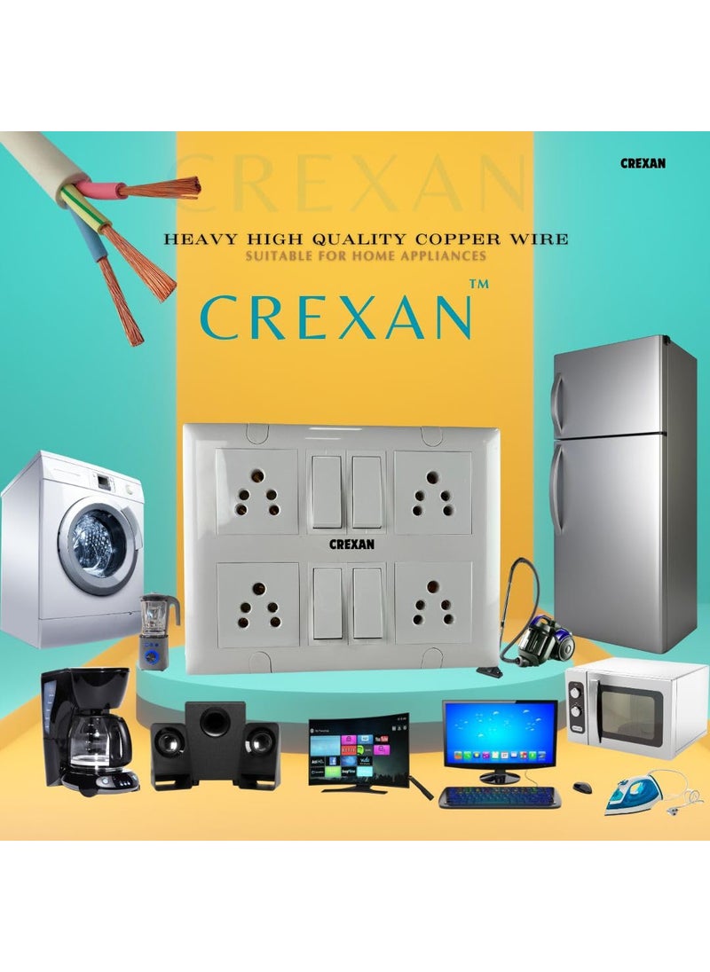 CREXAN Crexan Extension Board 240 Volts 3 Pin 6 Amp1500 Wattage with 6 Amp Socket 4nos 6 Amp Switch 4 nos and 6 Amps Small Plug 25 Sqmm 3 Core White Copper Wire 1500 Watts 6A Small Plug 10 Meter  - Image 2