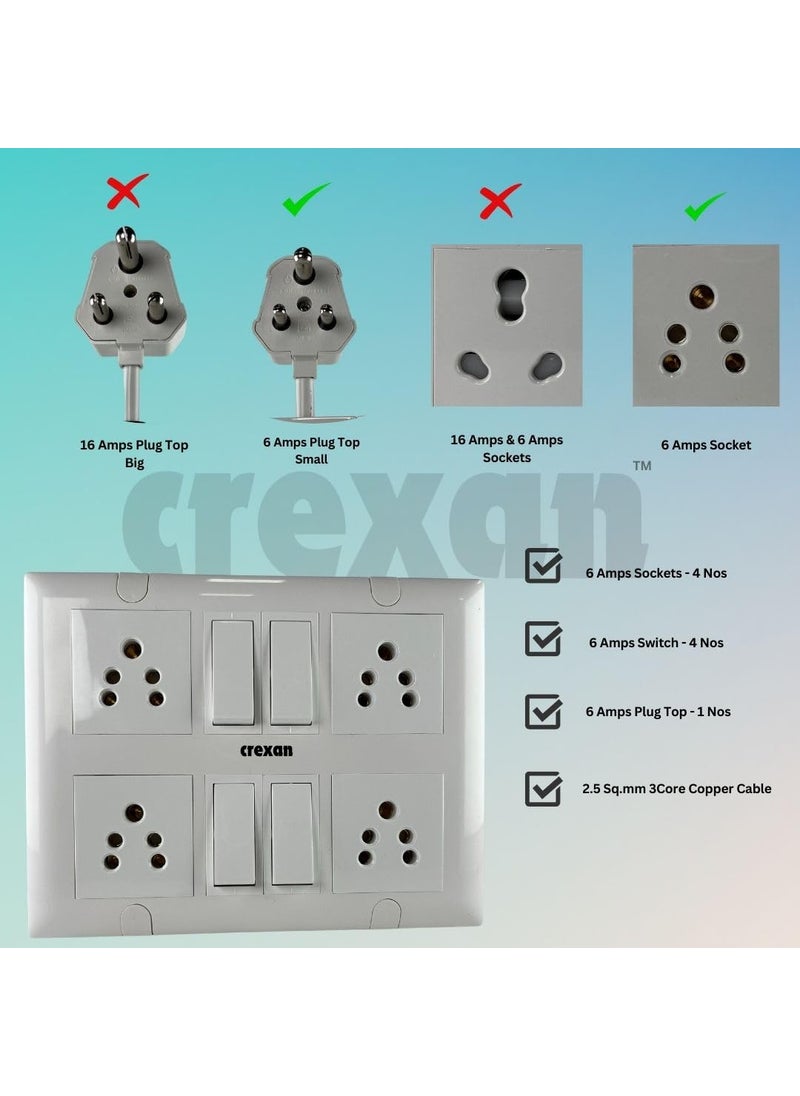 CREXAN Crexan Extension Board 240 Volts 3 Pin 6 Amp1500 Wattage with 6 Amp Socket 4nos 6 Amp Switch 4 nos and 6 Amps Small Plug 25 Sqmm 3 Core White Copper Wire 1500 Watts 6A Small Plug 10 Meter  - Image 3