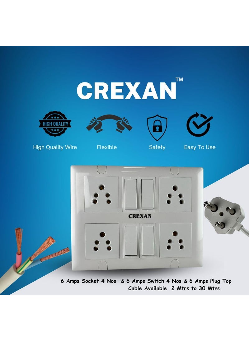 CREXAN Crexan Extension Board 240 Volts 3 Pin 6 Amp1500 Wattage with 6 Amp Socket 4nos 6 Amp Switch 4 nos and 6 Amps Small Plug 25 Sqmm 3 Core White Copper Wire 1500 Watts 6A Small Plug 10 Meter  - Image 4