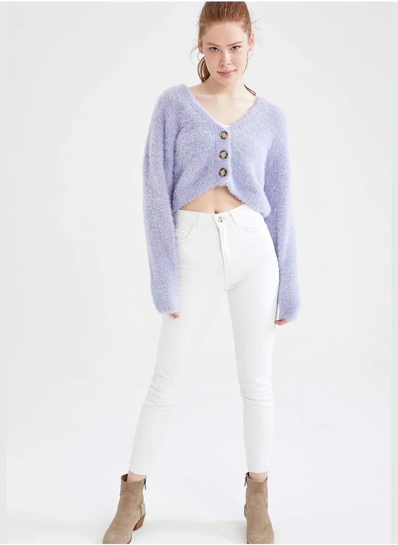 DeFacto Oversize V-Neck Buttoned Crop Cardigan