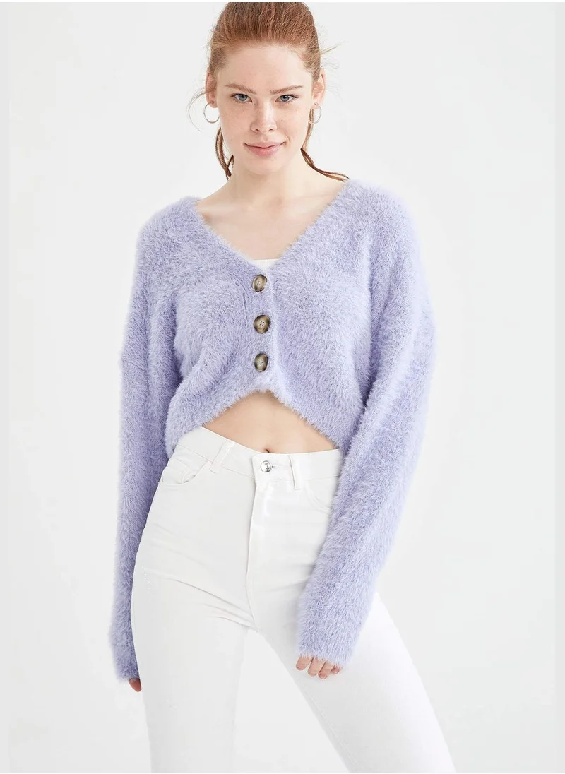 DeFacto Oversize V-Neck Buttoned Crop Cardigan