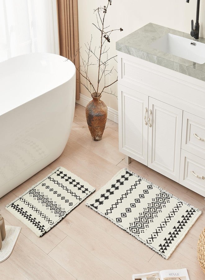Douceur Boho Bath mat for Bathroom Floor Non Slip, Acrylic Blend Cute Bath Rugs with Tassels, Black and Cream White Tribal Ethnic Pattern Farmhouse Bathroom Rugs, 15.7" x 23.6" - Image 2