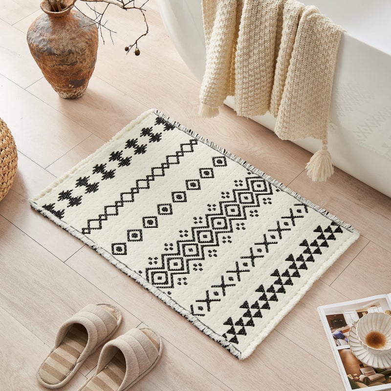 Douceur Boho Bath mat for Bathroom Floor Non Slip, Acrylic Blend Cute Bath Rugs with Tassels, Black and Cream White Tribal Ethnic Pattern Farmhouse Bathroom Rugs, 15.7" x 23.6" - Image 1