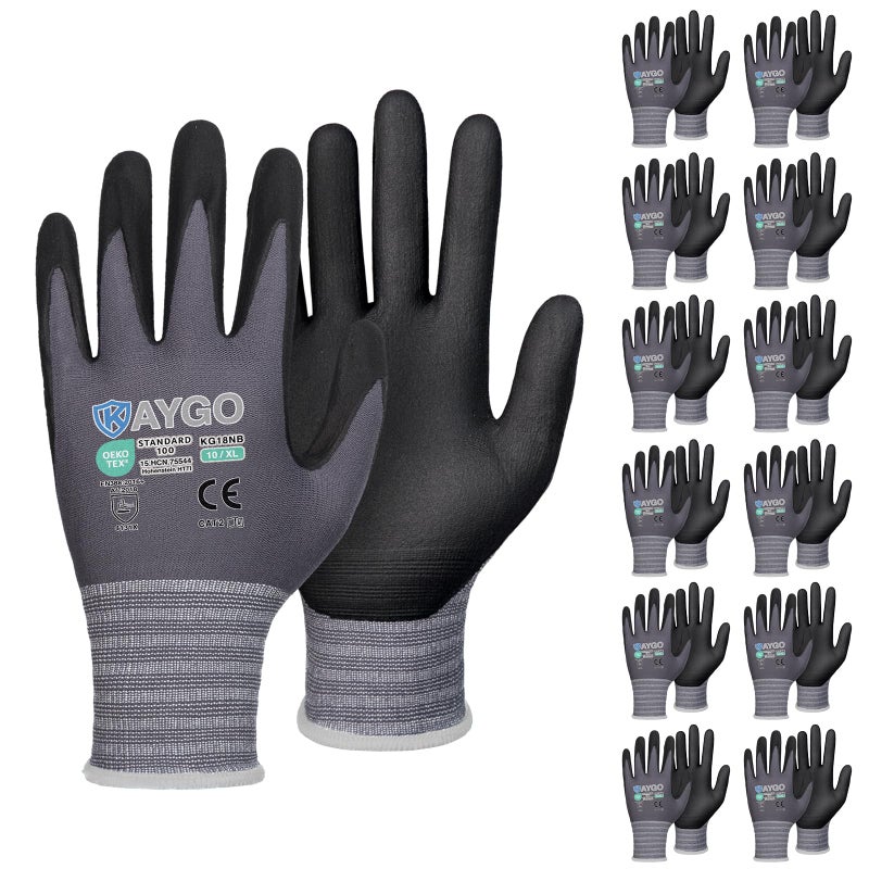 KAYGO Safety Work Gloves MicroFoam Nitrile Coated 12 Pairs KG18NBSeamless Knit Nylon Glove for Men and Women Ideal for AutomotiveWarehouseConstruction XLargeGray
