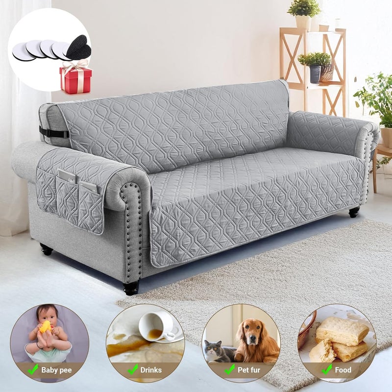 Sofa Covers Waterproof Couch Cover Non-Slip Quilted Sofa Slipcover for Dogs Furniture Protector Cover for Pets with Adjustable Strap Washable (Light Grey,245 × 58cm) - Image 3
