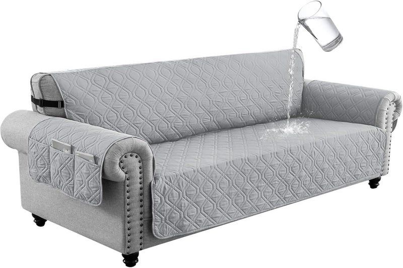 Sofa Covers Waterproof Couch Cover Non-Slip Quilted Sofa Slipcover for Dogs Furniture Protector Cover for Pets with Adjustable Strap Washable (Light Grey,245 × 58cm) - Image 1