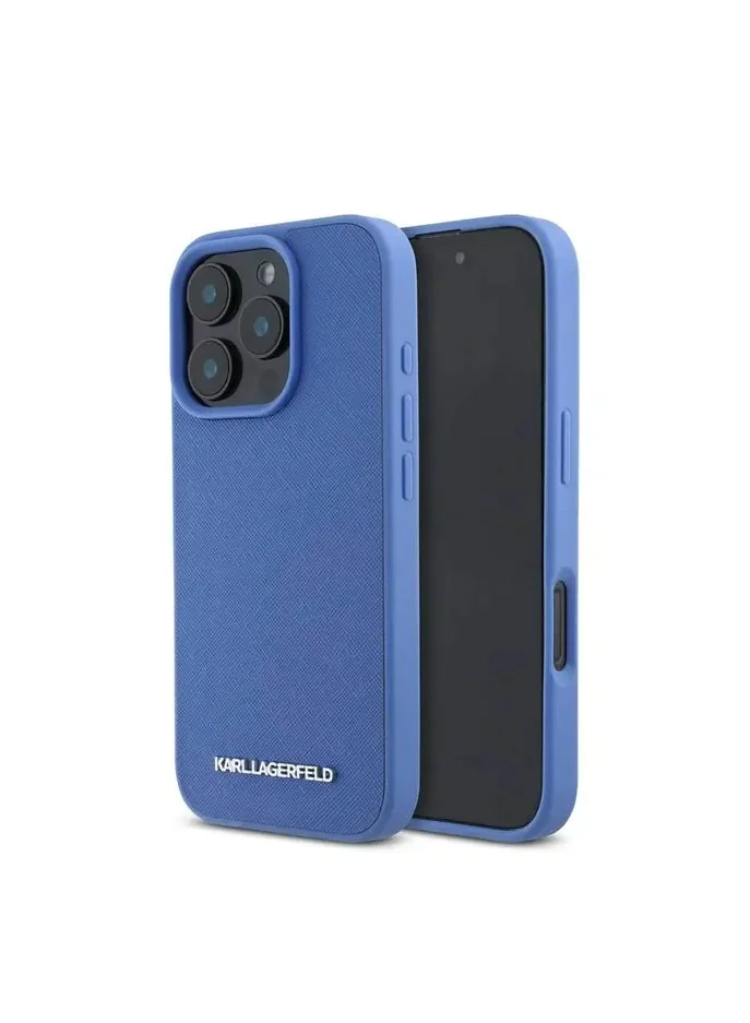 Karl Lagerfeld Saffiano Leather Hard Case with Elongated Metal Logo for iPhone 16 Pro / Drop Protection / Slim Profile - Blue