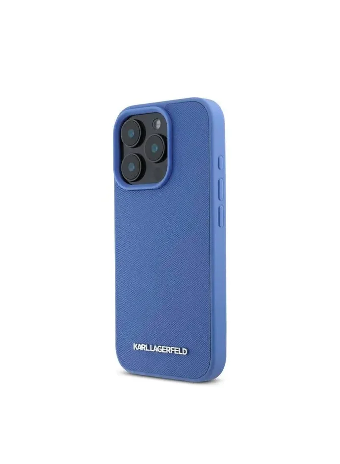 Karl Lagerfeld Saffiano Leather Hard Case with Elongated Metal Logo for iPhone 16 Pro / Drop Protection / Slim Profile - Blue