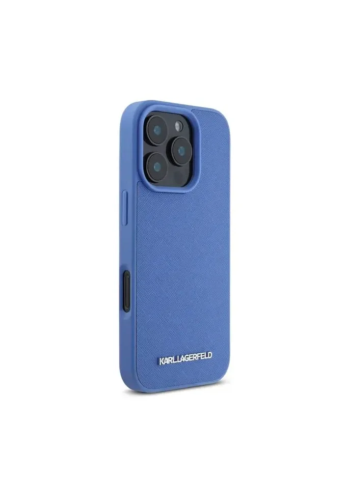Karl Lagerfeld Saffiano Leather Hard Case with Elongated Metal Logo for iPhone 16 Pro / Drop Protection / Slim Profile - Blue