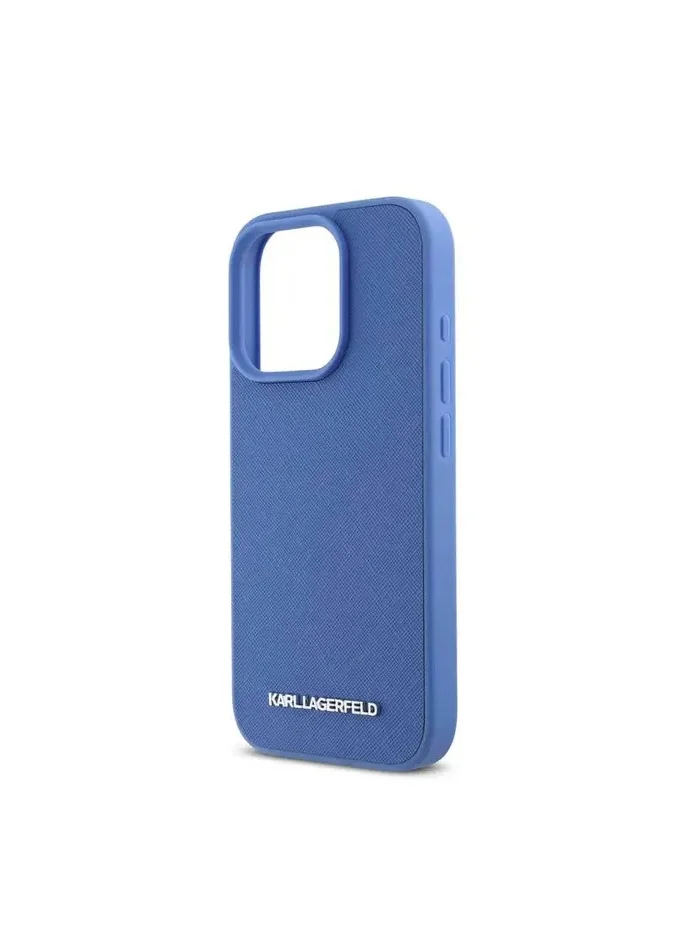 Karl Lagerfeld Saffiano Leather Hard Case with Elongated Metal Logo for iPhone 16 Pro / Drop Protection / Slim Profile - Blue