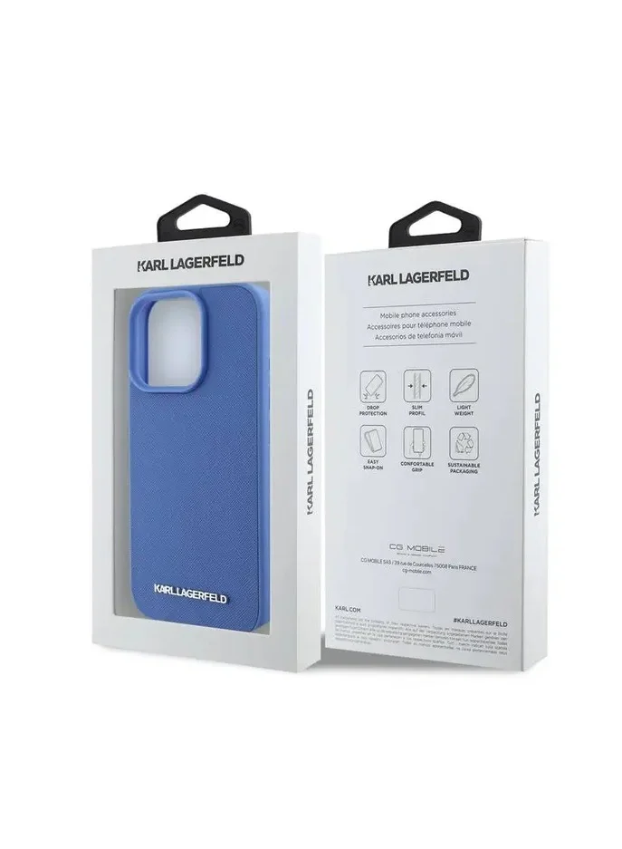 Karl Lagerfeld Saffiano Leather Hard Case with Elongated Metal Logo for iPhone 16 Pro / Drop Protection / Slim Profile - Blue