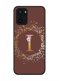 Rugged Black edge case for Xiaomi Poco M5s Slim fit Soft Case Flexible Rubber Edges Anti Drop TPU Gel Thin Cover - Custom Monogram Initial Letter Floral Pattern Alphabet - I (Brown )