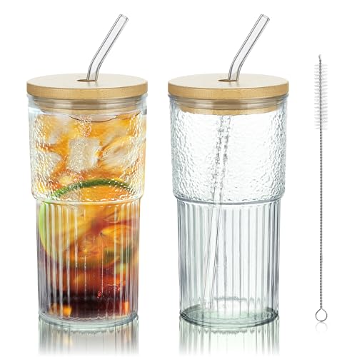 Joeyan 24 oz Clear Glass Tumbler with Straw and Bamboo Lid,Ribbed Large Glasses Cups for Iced Tea Coffee Smoothie Water Juice Beverages Soda,Thickened Drinking Jar,Set of 2,Dishwasher Safe - Image 1