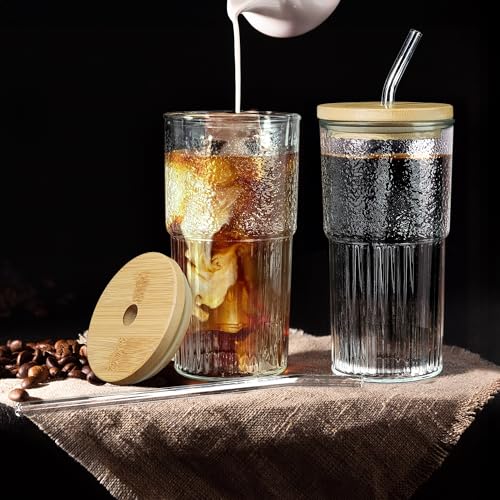 Joeyan 24 oz Clear Glass Tumbler with Straw and Bamboo Lid,Ribbed Large Glasses Cups for Iced Tea Coffee Smoothie Water Juice Beverages Soda,Thickened Drinking Jar,Set of 2,Dishwasher Safe - Image 2