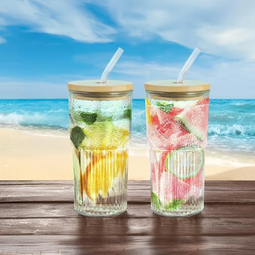 Joeyan 24 oz Clear Glass Tumbler with Straw and Bamboo Lid,Ribbed Large Glasses Cups for Iced Tea Coffee Smoothie Water Juice Beverages Soda,Thickened Drinking Jar,Set of 2,Dishwasher Safe - Image 4