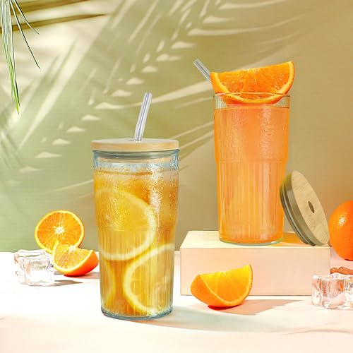 Joeyan 24 oz Clear Glass Tumbler with Straw and Bamboo Lid,Ribbed Large Glasses Cups for Iced Tea Coffee Smoothie Water Juice Beverages Soda,Thickened Drinking Jar,Set of 2,Dishwasher Safe - Image 5