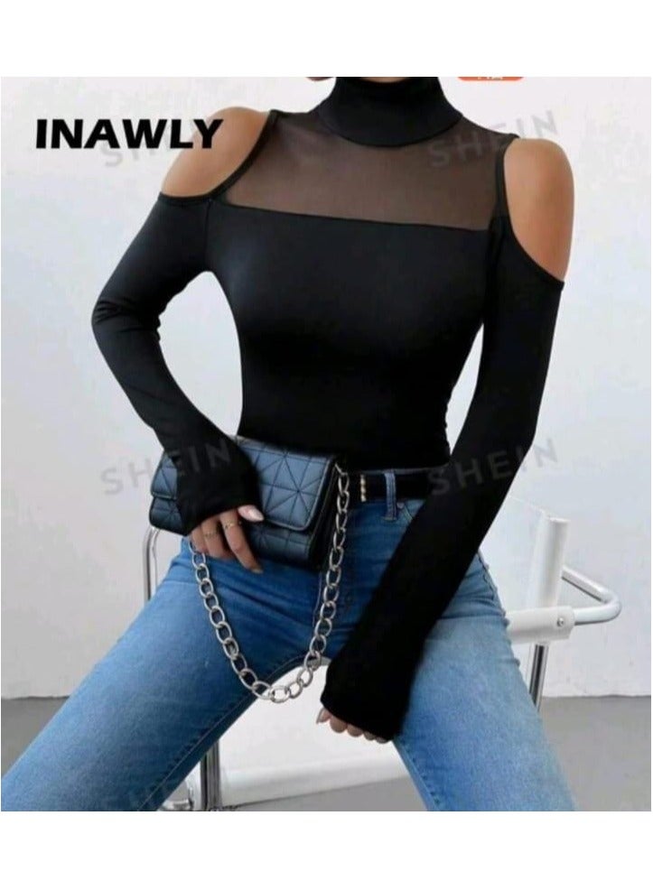 Shein SHEIN Frenchy Ribbed Knit Cut Out Front Turtle Neck Asymmetrical Top Textured Fabric Black Tee - Image 1