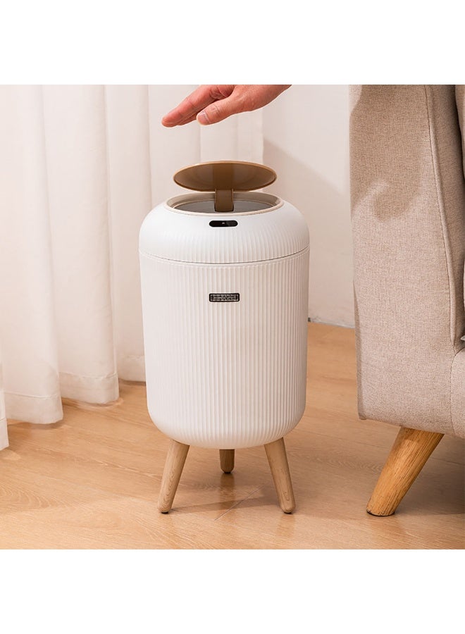 10L Smart Trash Bin with Auto Open u0026 Close Lid, Motion Sensor, Touch Free, Round Plastic Garbage Can with Wooden Legs for Living Room, Bedroom, Bathroom, Kitchen, TG6110 (White) - Image 1