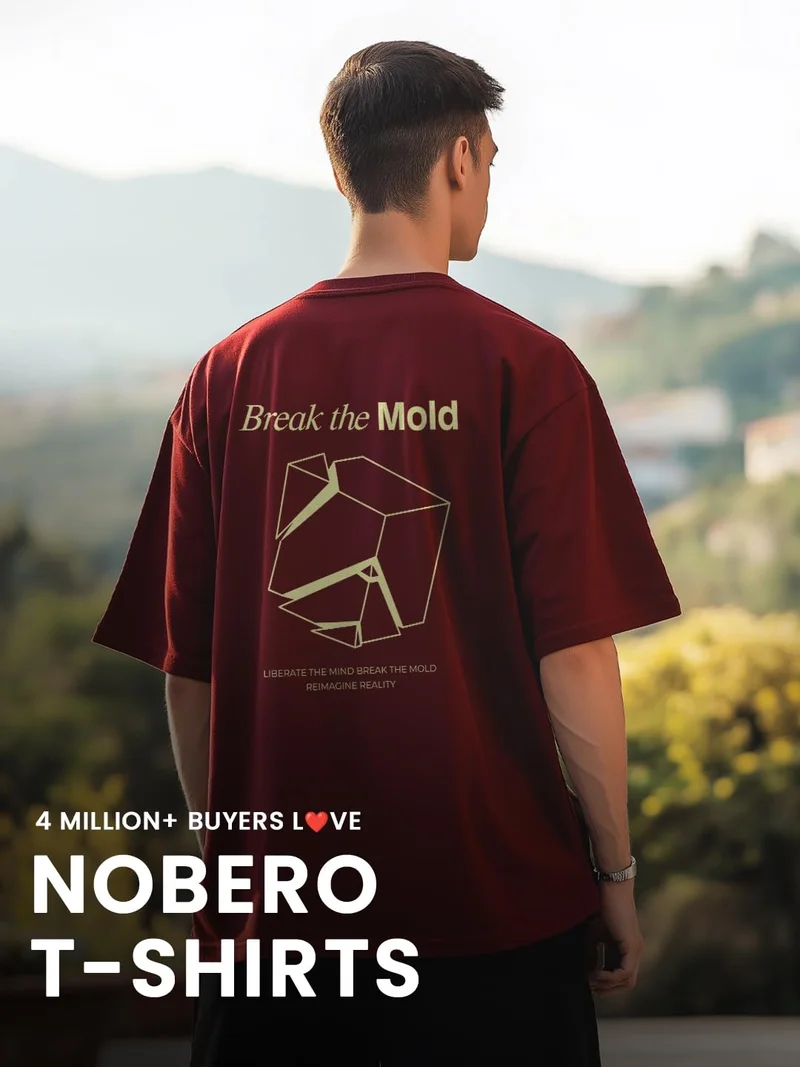 NOBERO  Men's Maroon Oversized Graphic T-Shirt  | Best Price UAE