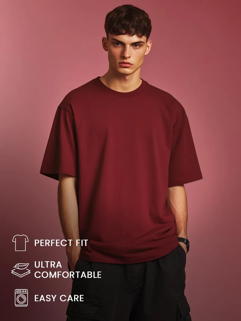 NOBERO  Men's Maroon Oversized Graphic T-Shirt  | Best Price UAE