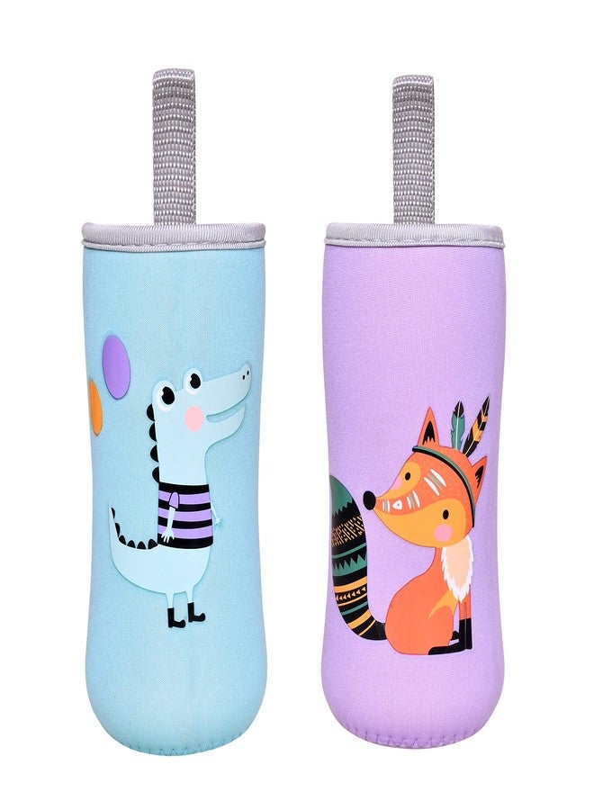 THE LITTLE LOOKERS? Cute Animated Patterned Soft Stretchable Baby Feeding Bottle Cover with Easy to Hold Strap for 120ml, 150ml, 240ml (Fox & Dinosaur, Pack of 2)