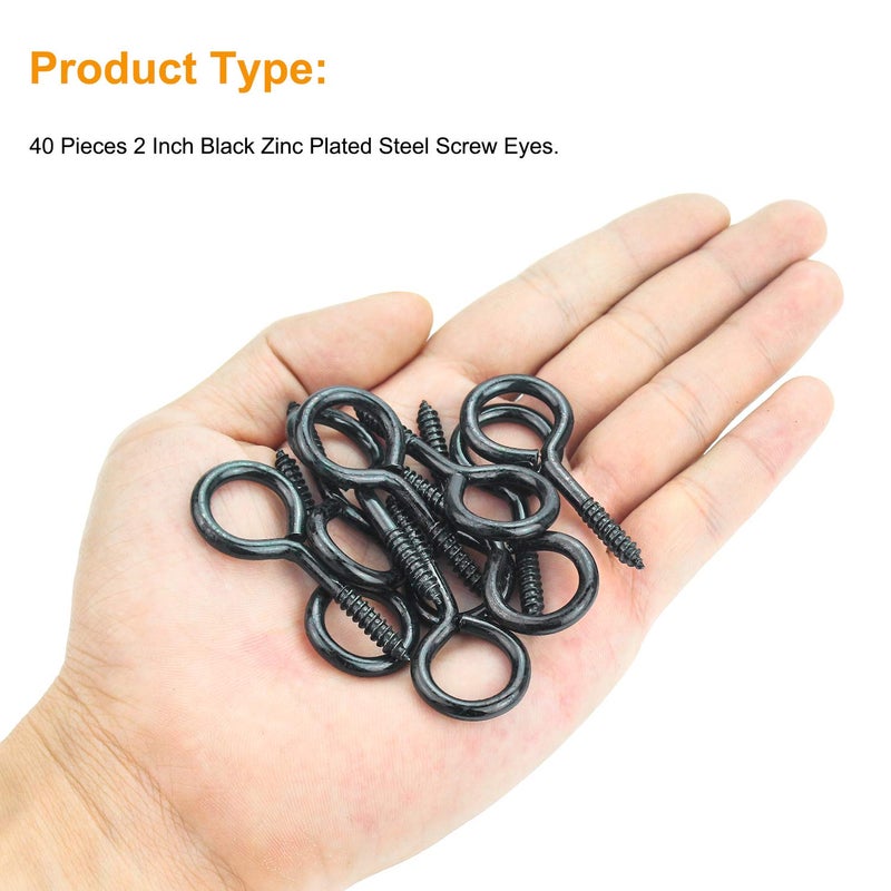 Powlankou 40 Pieces 2 inch Screw Eyes, Black Zinc Plated Steel Screw Eyes, Self Tapping Screw Hooks, Metal Eye Hooks, Eyelet Screws - Image 5