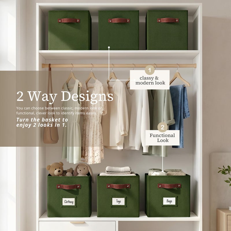 DECOMOMO Storage Bins, Cube Storage Bin with Labels, Fabric Storage Cubes for Shelves (10.5" x 11" / 6pcs, Olive Green) - Image 4