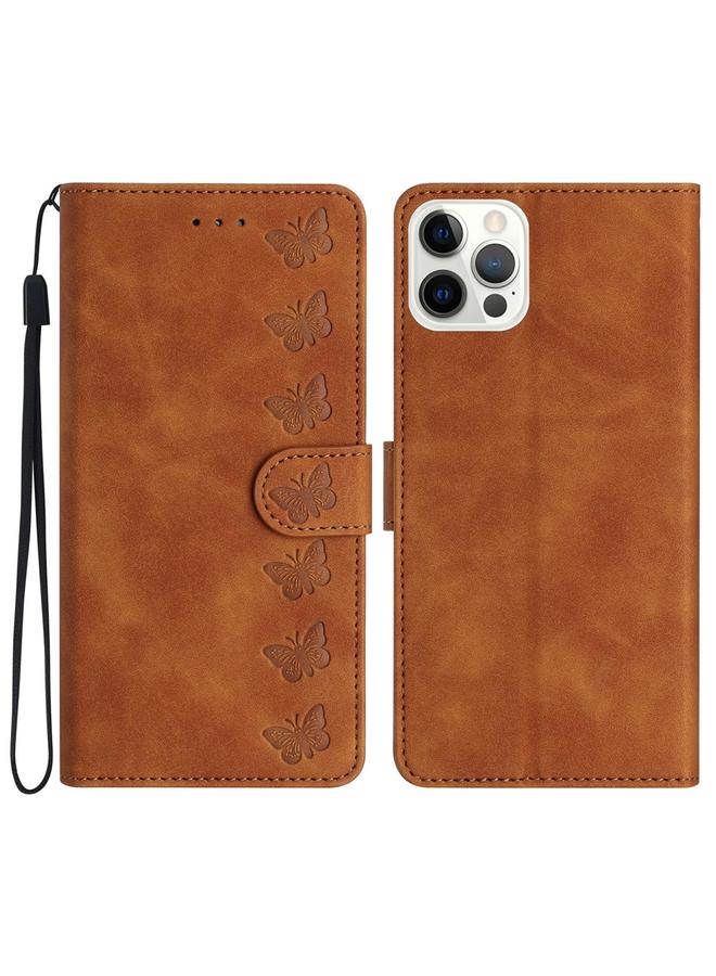 زبون جراب لهاتف iPhone 13 Pro مصنوع من الجلد المنقوش بسبع فراشات - Image 1