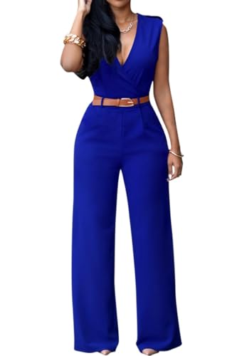 Pink Queen Women's Elegant V Neck Long Loose Belted Rompers Jumpsuits Sky Blue X-Large - Image 1