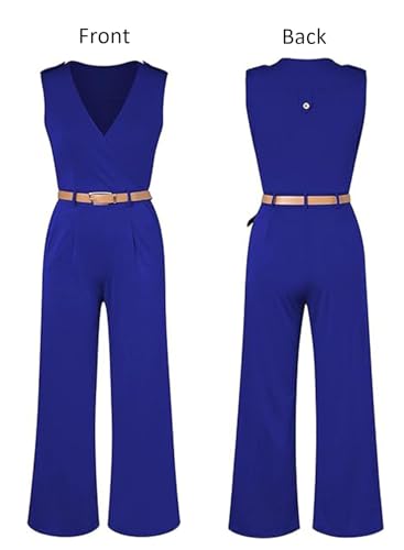 Pink Queen Women's Elegant V Neck Long Loose Belted Rompers Jumpsuits Sky Blue X-Large - Image 5
