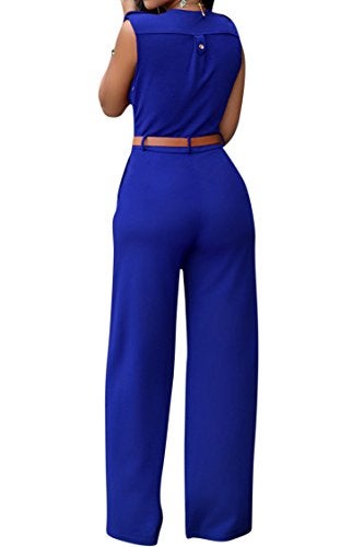 Pink Queen Women's Elegant V Neck Long Loose Belted Rompers Jumpsuits Sky Blue X-Large - Image 2
