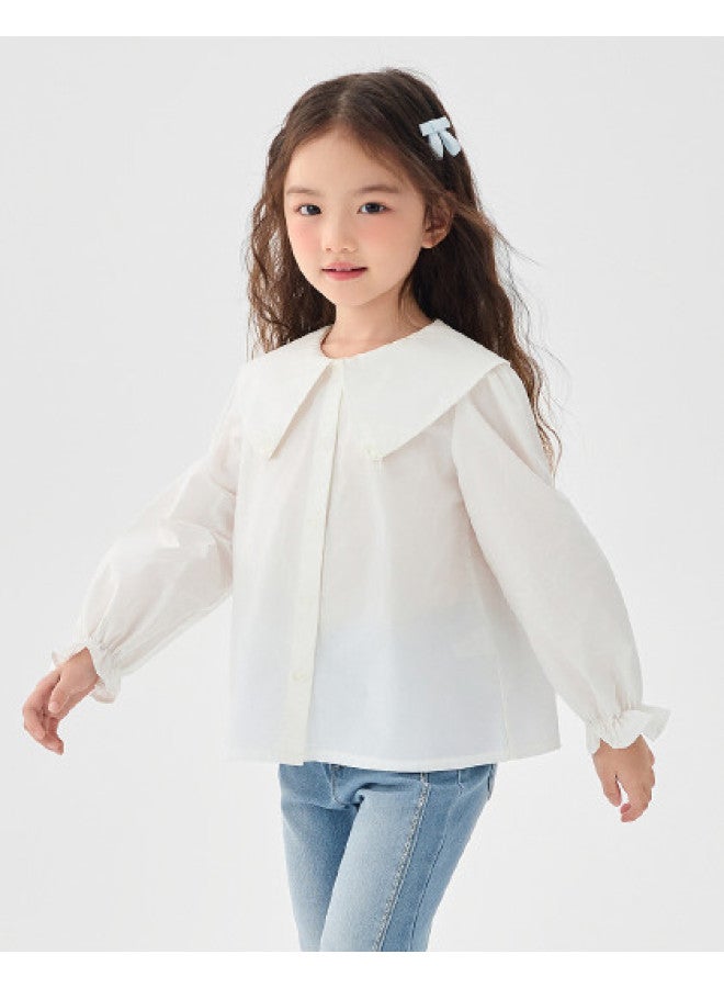 Balabala Girls' Long-sleeve Cotton White Shirt - 2025 Spring New Arrival Simple Versatile Top - Image 1