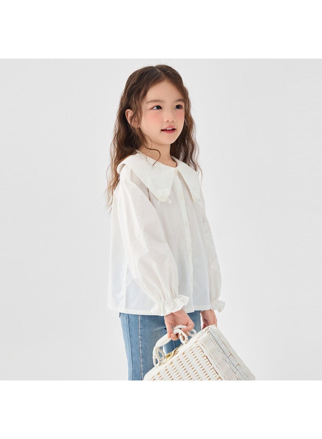 Balabala Girls' Long-sleeve Cotton White Shirt - 2025 Spring New Arrival Simple Versatile Top - Image 4