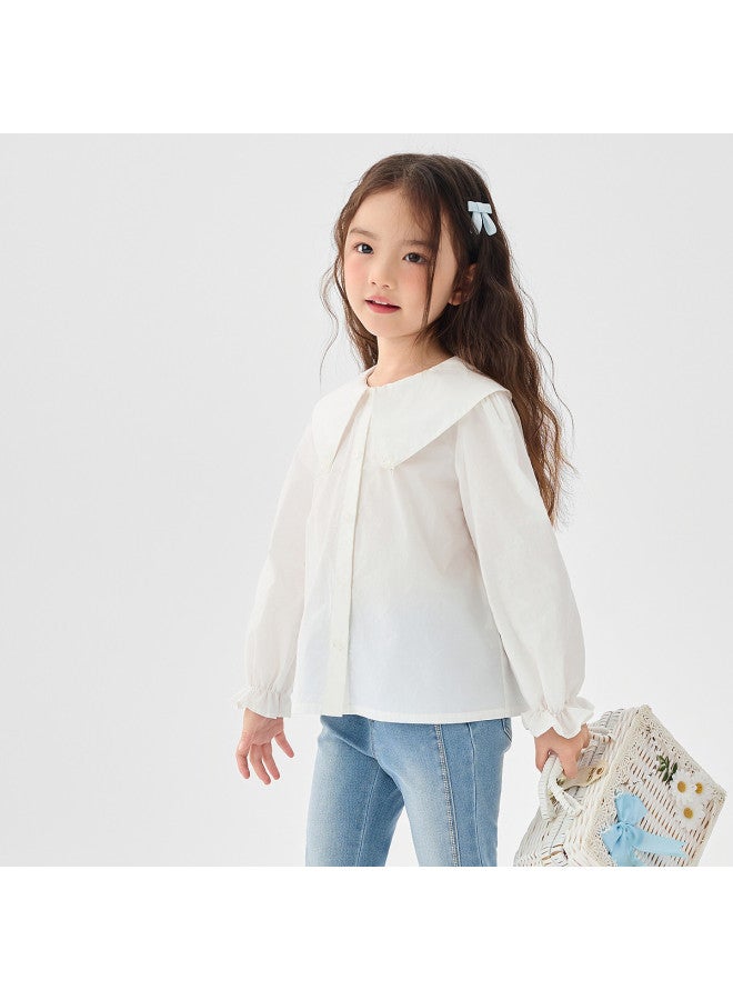 Balabala Girls' Long-sleeve Cotton White Shirt - 2025 Spring New Arrival Simple Versatile Top - Image 3