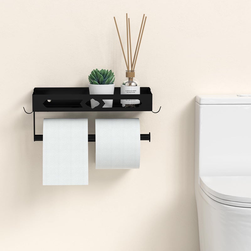 GAGUIUP Paper Towel Holder Wall Mount for Kitchen, Easy One-handed Operation Design, Self Adhesive Paper Towel Holder with Shelf for Bathroom, RV Paper Towel Rack Paper Roll Holder with 2 Hooks, Black - Image 5