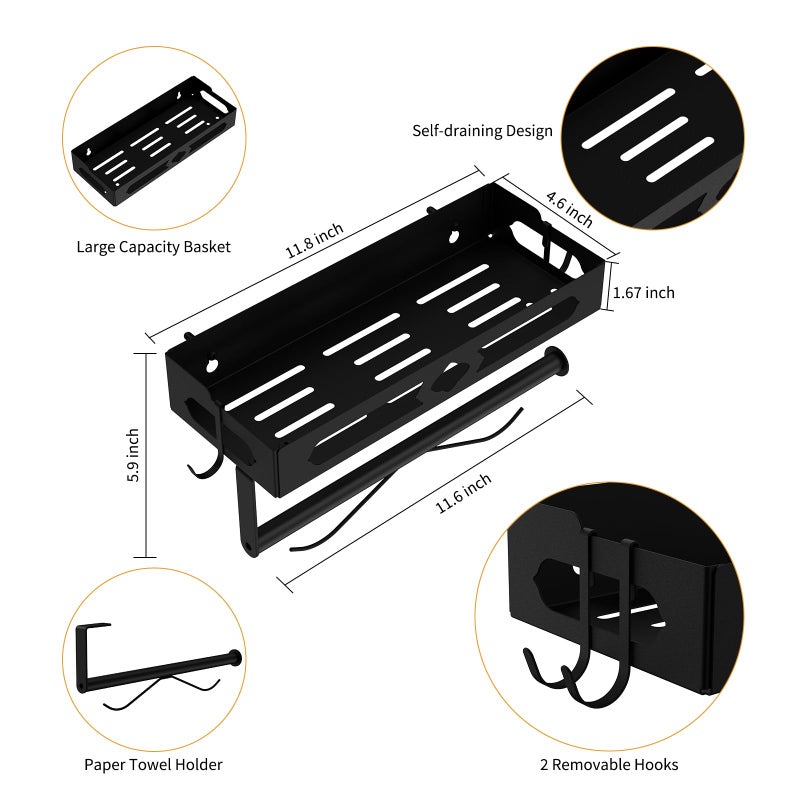 GAGUIUP Paper Towel Holder Wall Mount for Kitchen, Easy One-handed Operation Design, Self Adhesive Paper Towel Holder with Shelf for Bathroom, RV Paper Towel Rack Paper Roll Holder with 2 Hooks, Black - Image 3