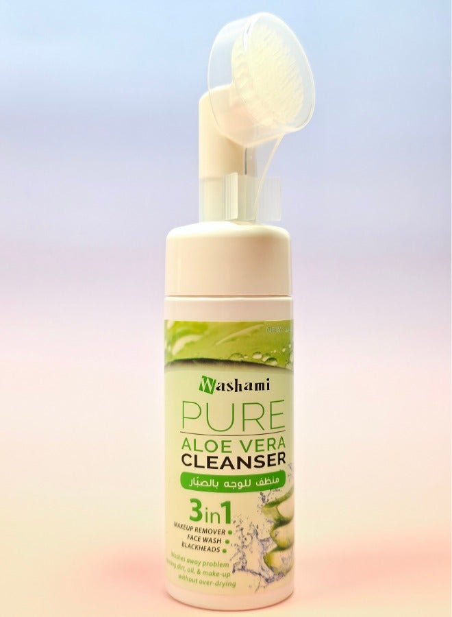 WASHAMI Pure Aloe Vera Cleanser 3-in-1 Face Wash with Brush - Makeup Remover & Blackhead Control - 150ml  - Image 1