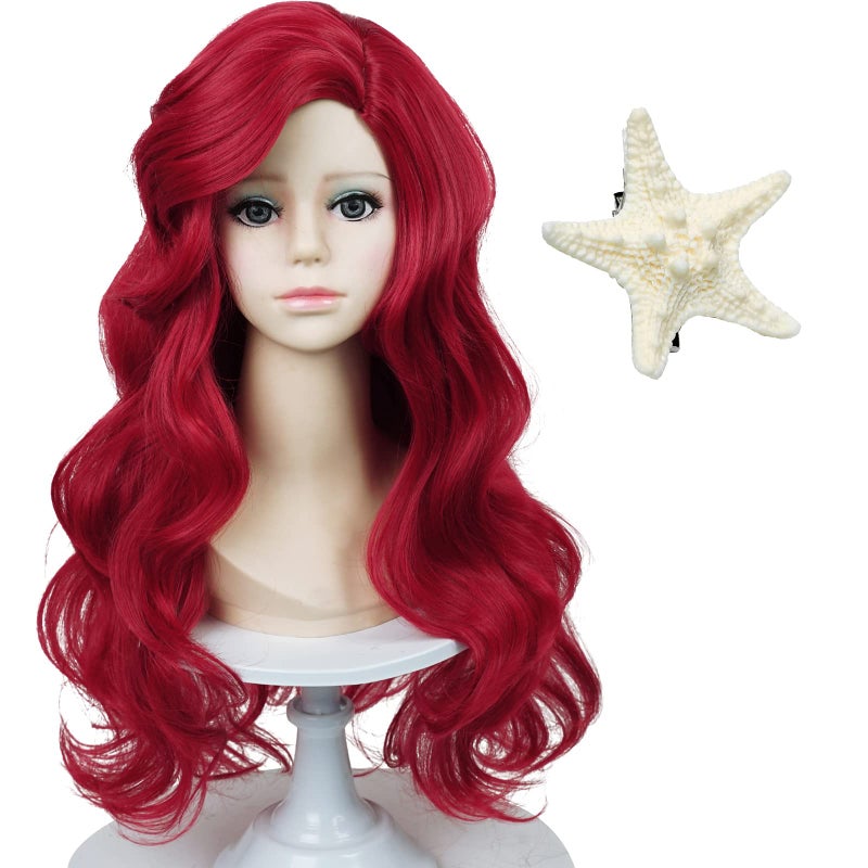 Mermaid Wigs for kids Girls Long Curly Dark Red Mermaid Wave Wig with Starfish Hairclip Synthetic Hair for Child Toddler Halloween Costume Party