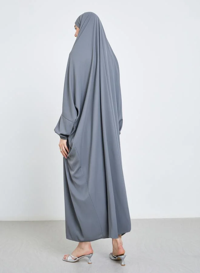 تايك تو Take Two Grey Batwing Sleeve Hooded Abaya