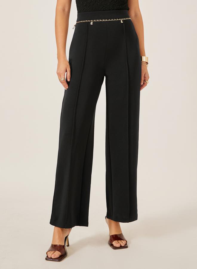 Styli Flared Knitted Pants with Pintuck Detail  - Image 2