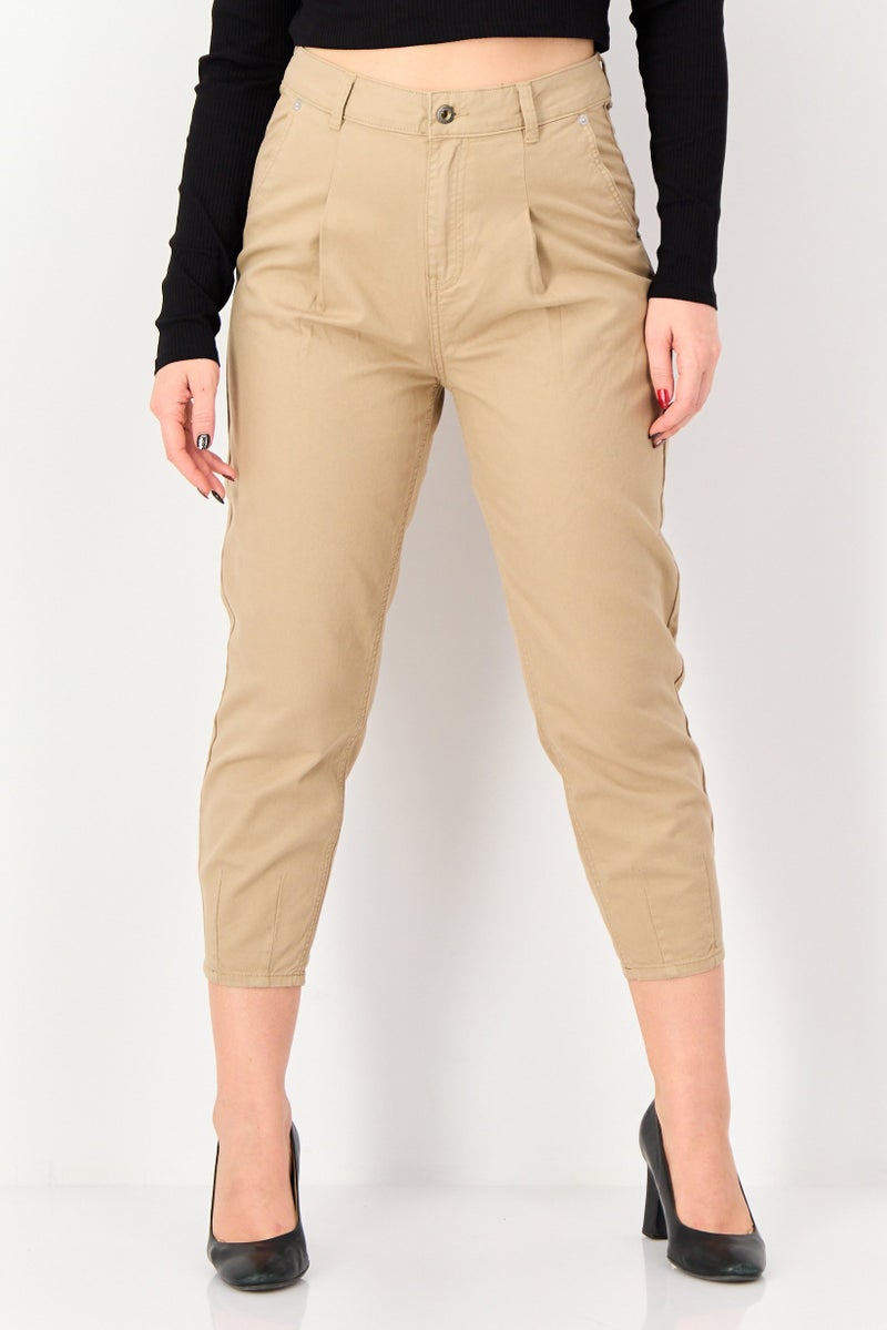 SELECTED Women Carrot Fit Solid Non-Stretchable Jeans, Tan - Image 1