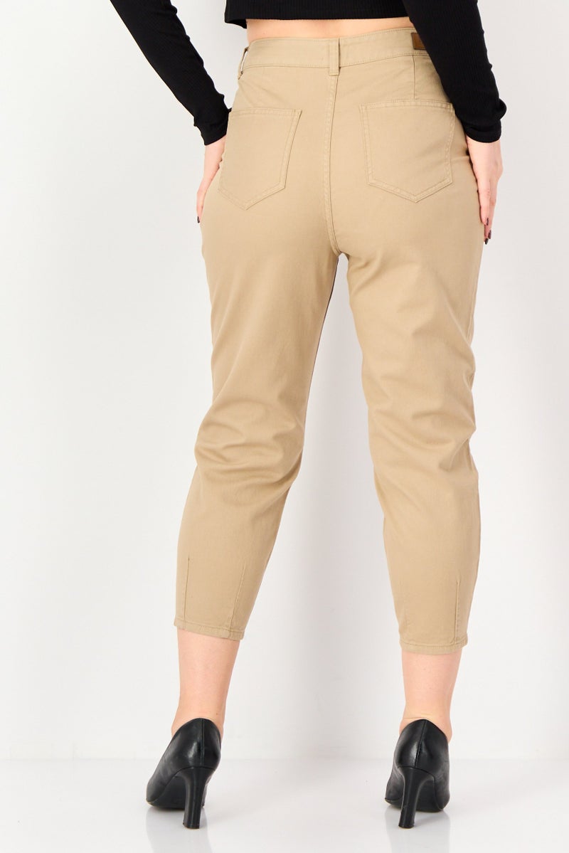 SELECTED Women Carrot Fit Solid Non-Stretchable Jeans, Tan - Image 3