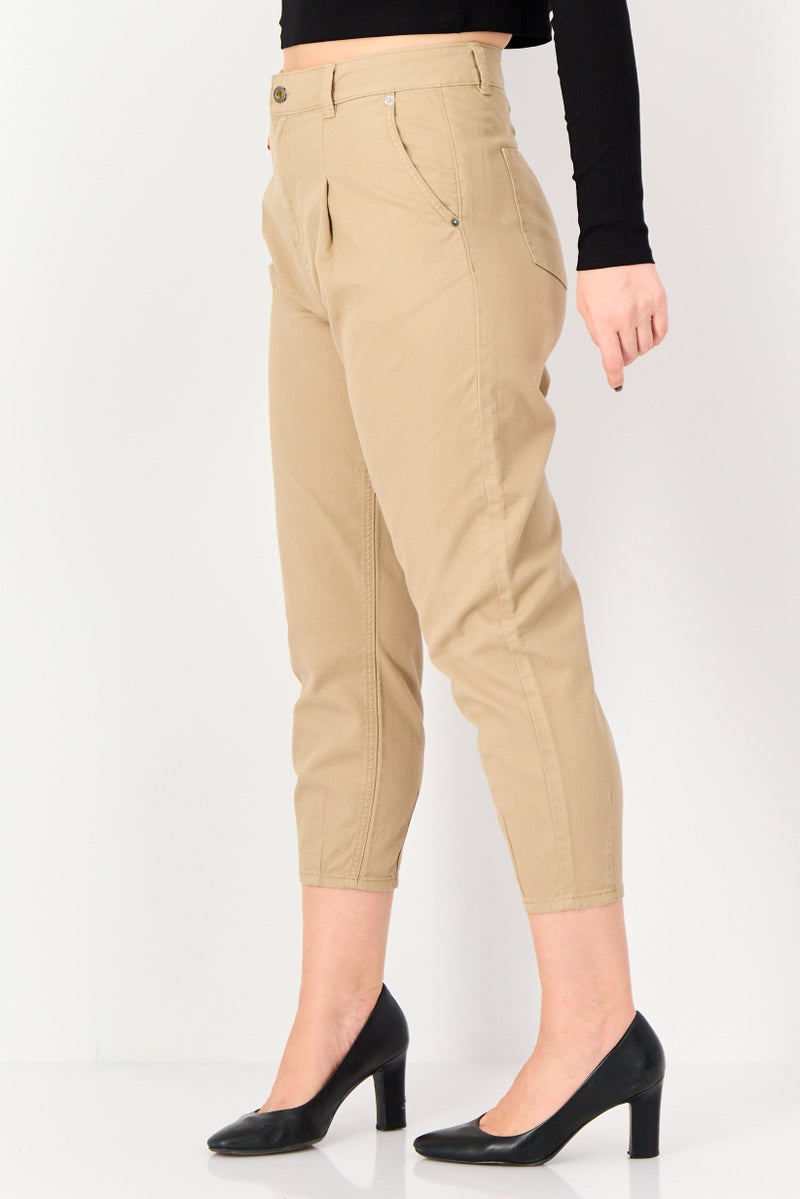 SELECTED Women Carrot Fit Solid Non-Stretchable Jeans, Tan - Image 2
